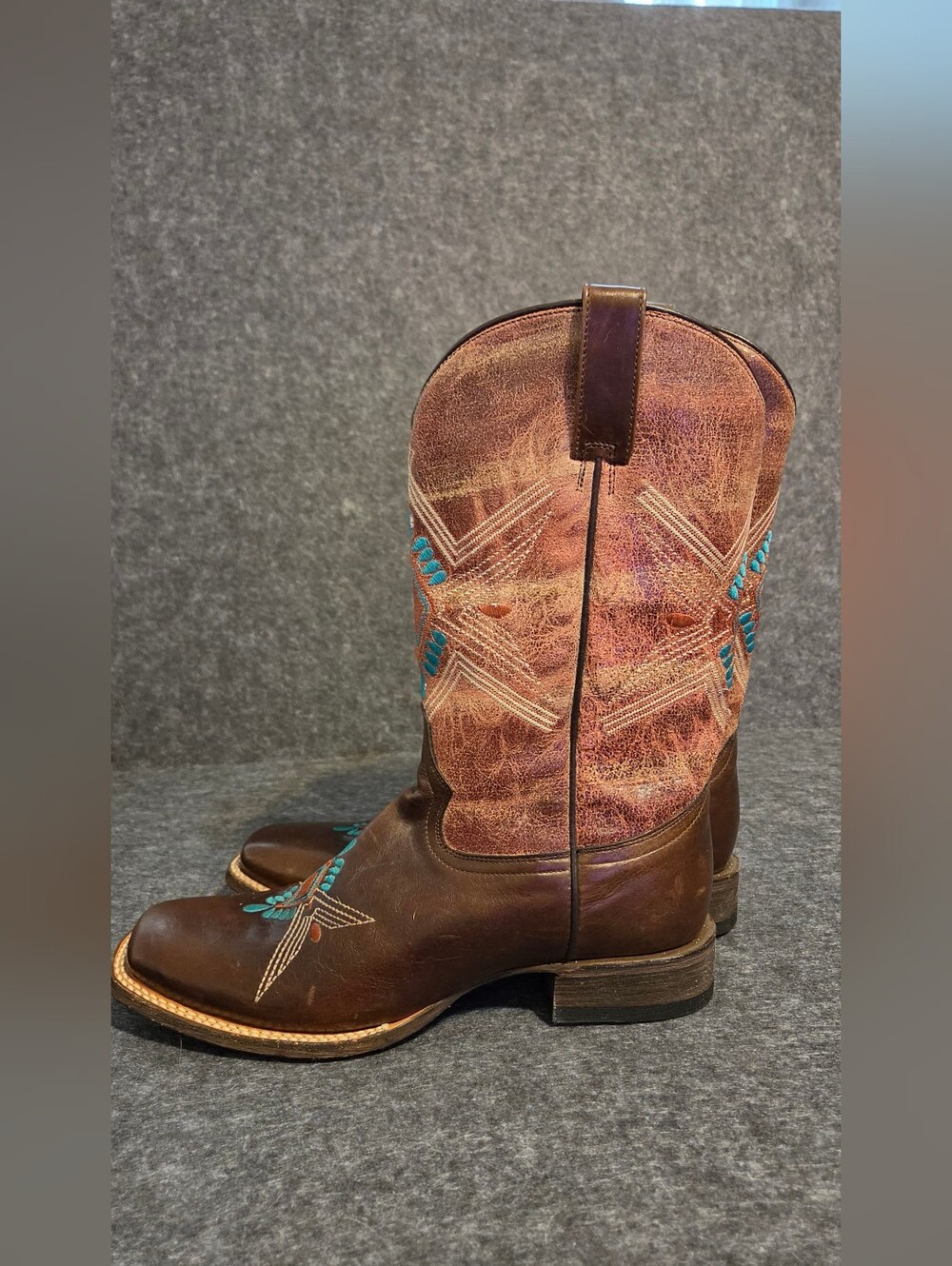 Roper Womens Brown Leather Western Boots Turquoise/Orange Embroidery Made Mexico - Picture 6 of 12